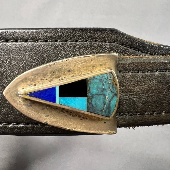 Vintage Navajo Yazzie Sterling silver turquoise & lapis belt caballo leather - Picture 6 of 16